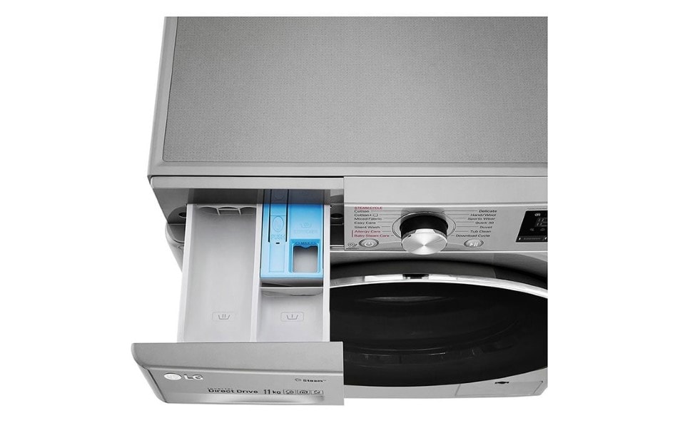 Grey washing machine detergent top-drawer clean